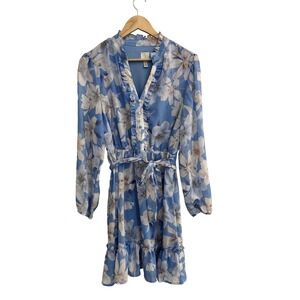 Joie Blue Floral Chiffon Ruffle V-Neck Mini Dress Long Sleeve Large Coquette